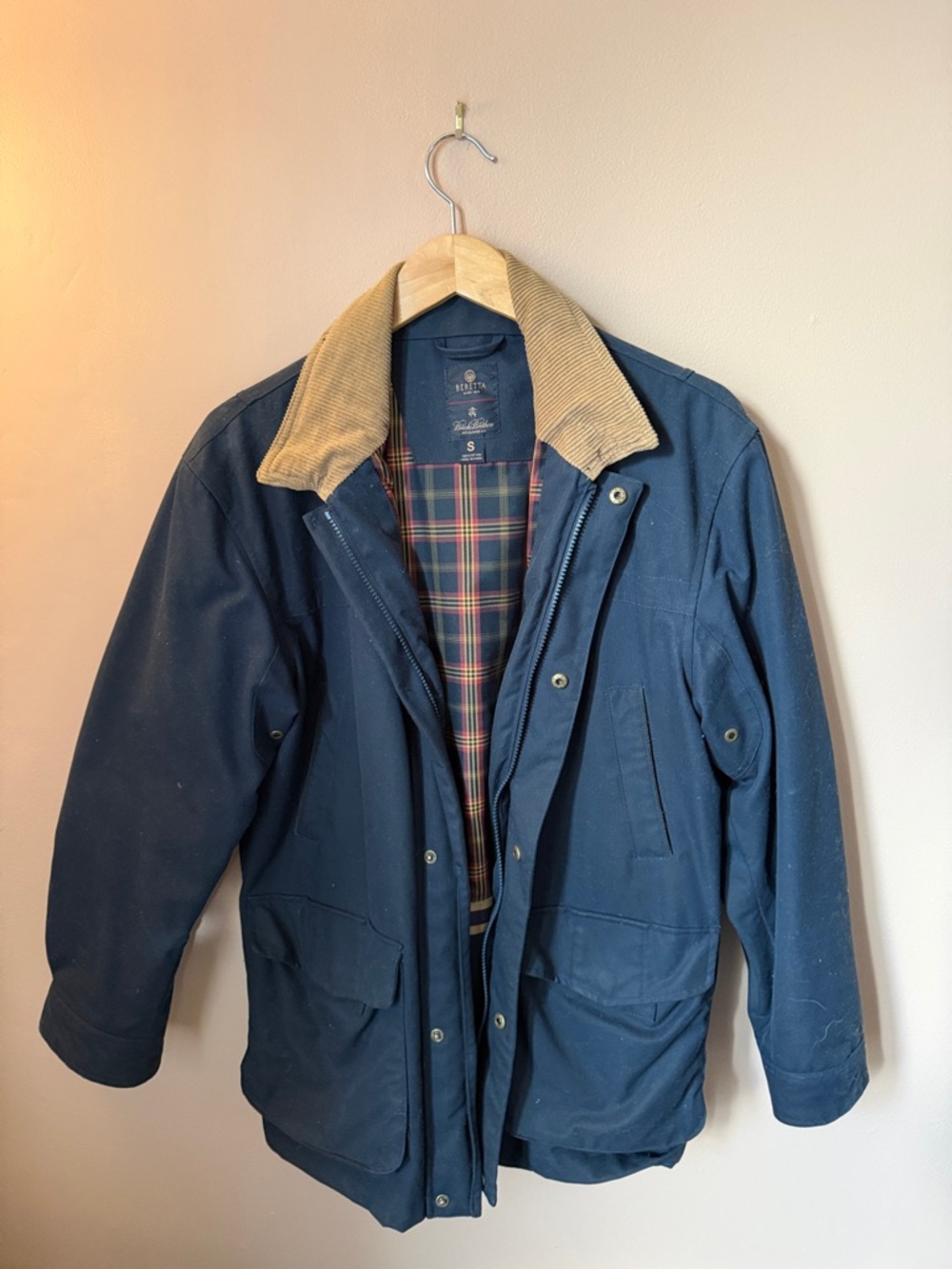 Men's Navy Field Jacket with Tan Corduroy Collar - Size S